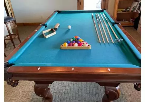 Cherry Pool Table, accessories, and cues